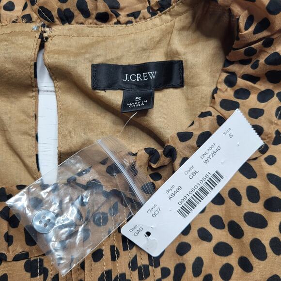 J. Crew Flutter Sleeve Cotton Silk Voile Top Leopard Dot Brown Ruffle Neck Small - Picture 7 of 8